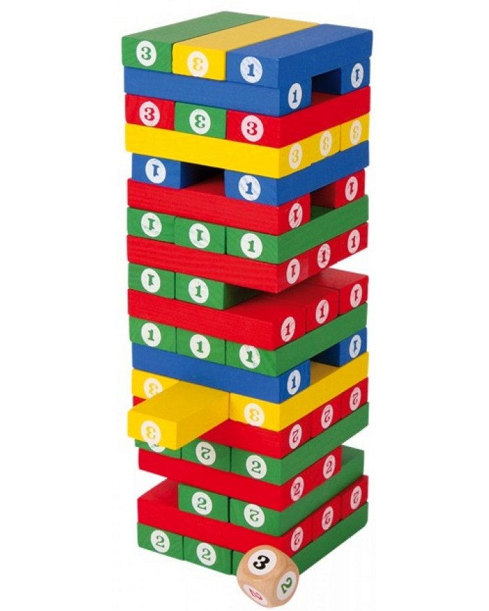 Цветна Дженга - Игра с дървени елементи и зарче за подреждане - игра
