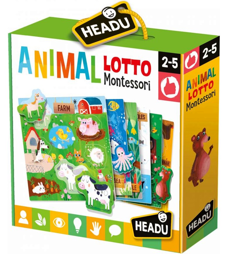 Лото с животни - Детска занимателна игра от серията  "Headu: Методът Монтесори" - игра
