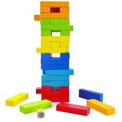 Цветна Дженга - Игра с дървени елементи за подреждане и зар - игра
